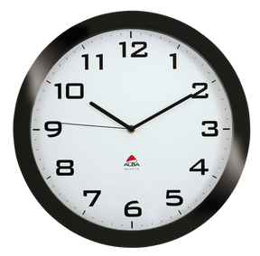 Alba silent office wall clock with a white face, black numerals, and a black frame.