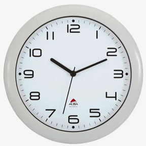 Alba silent office wall clock with a white face, black numbers, and a white frame.