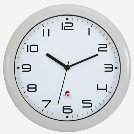 White Alba Quartz wall clock with bold black numbers and hands, ideal for office or school time management.