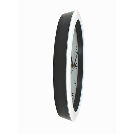 Modern black and white wall clock with minimalist design for office or home workspace