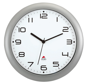 Alba silent office wall clock with a silver frame and white face
