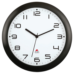 Alba silent wall clock with a black frame and white face featuring bold black numbers