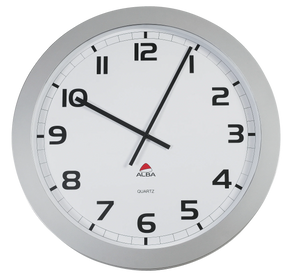 Alba large office wall clock with silver frame, white face, and black numeric markers.