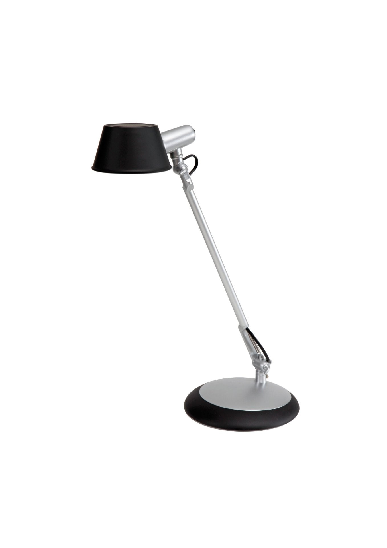 Modern LED desk lamp with adjustable silver arm and black base on white background