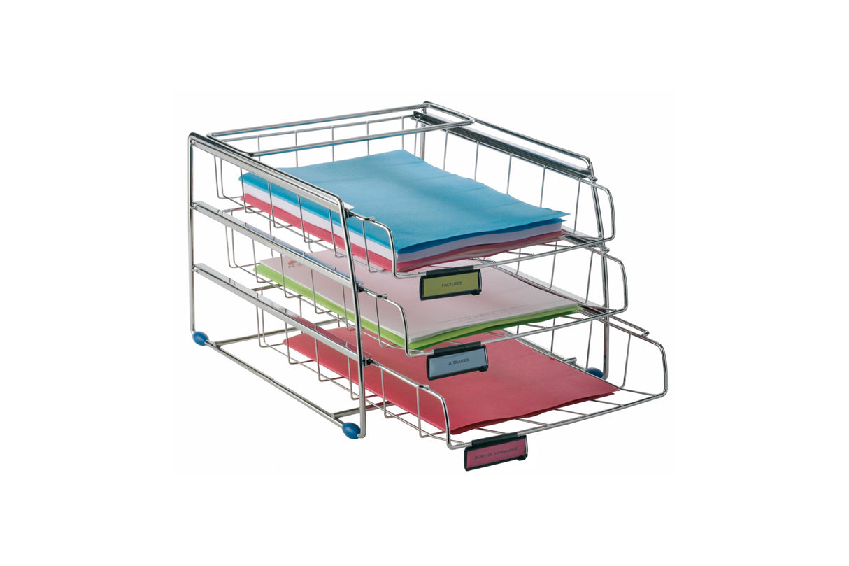 Alba Letter Tray Set With 3 Sliding Drawers Chromed Metal Wire – French-Style Office Organizer