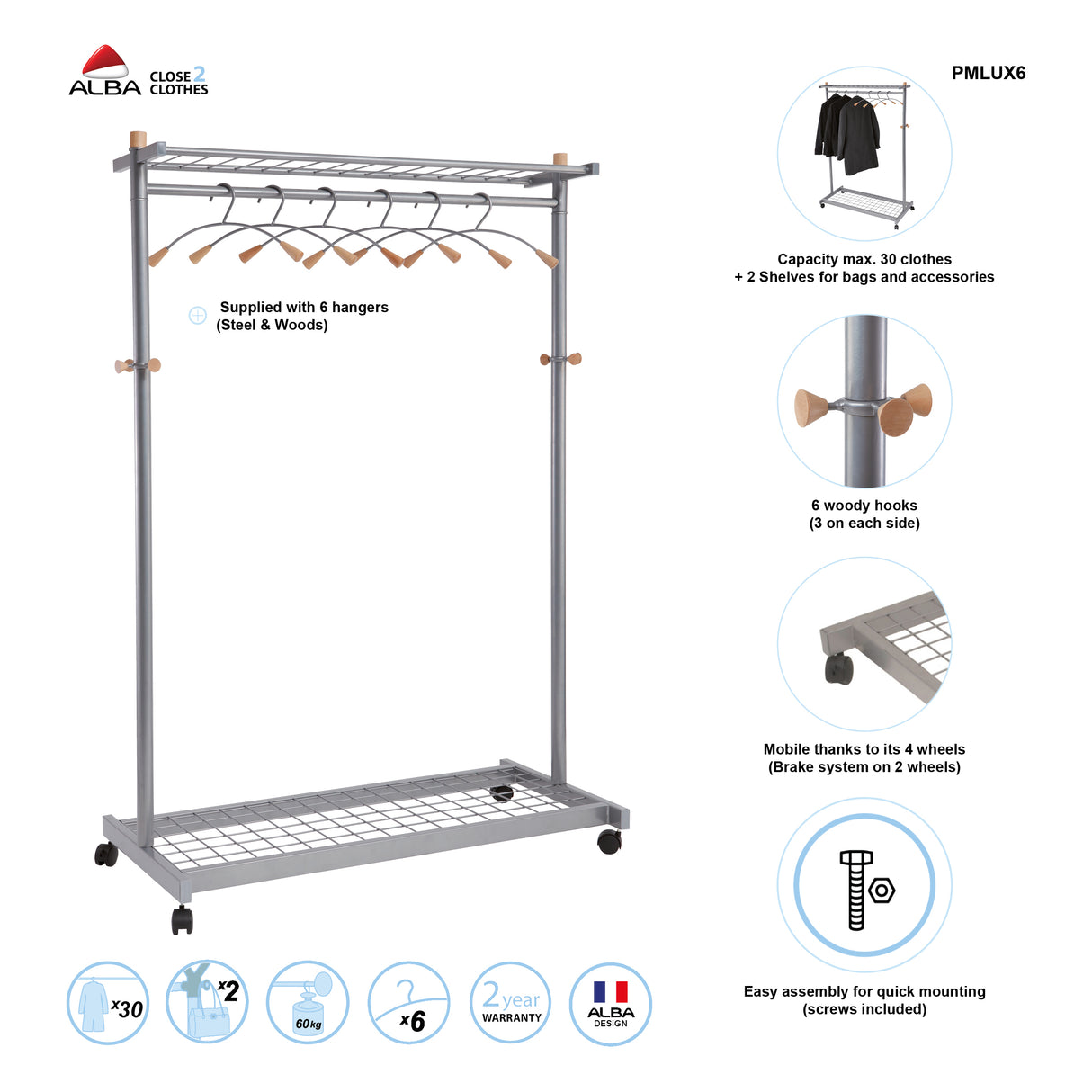 Alba Lux Mobile Garment Rack with 6 Hangers