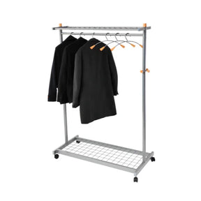 Alba Lux Mobile Garment Rack with six hangers holding three black suit jackets