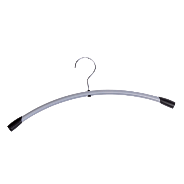 Metal clothes hanger with ABS shoulder tips, curved design, on white background
