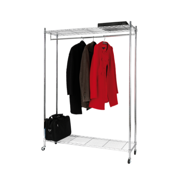 Mobile garment rack with chrome shelves, hanging coats, and storage bag on wheels