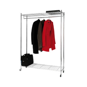 Alba Mobile Garment Rack with chrome shelves holding coats and a black bag