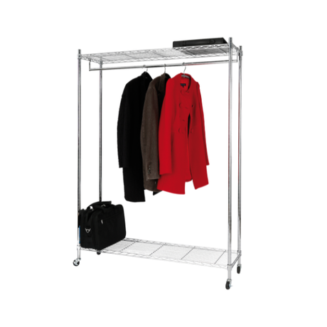 Mobile garment rack with chrome shelves, hanging coats, and storage bag on wheels
