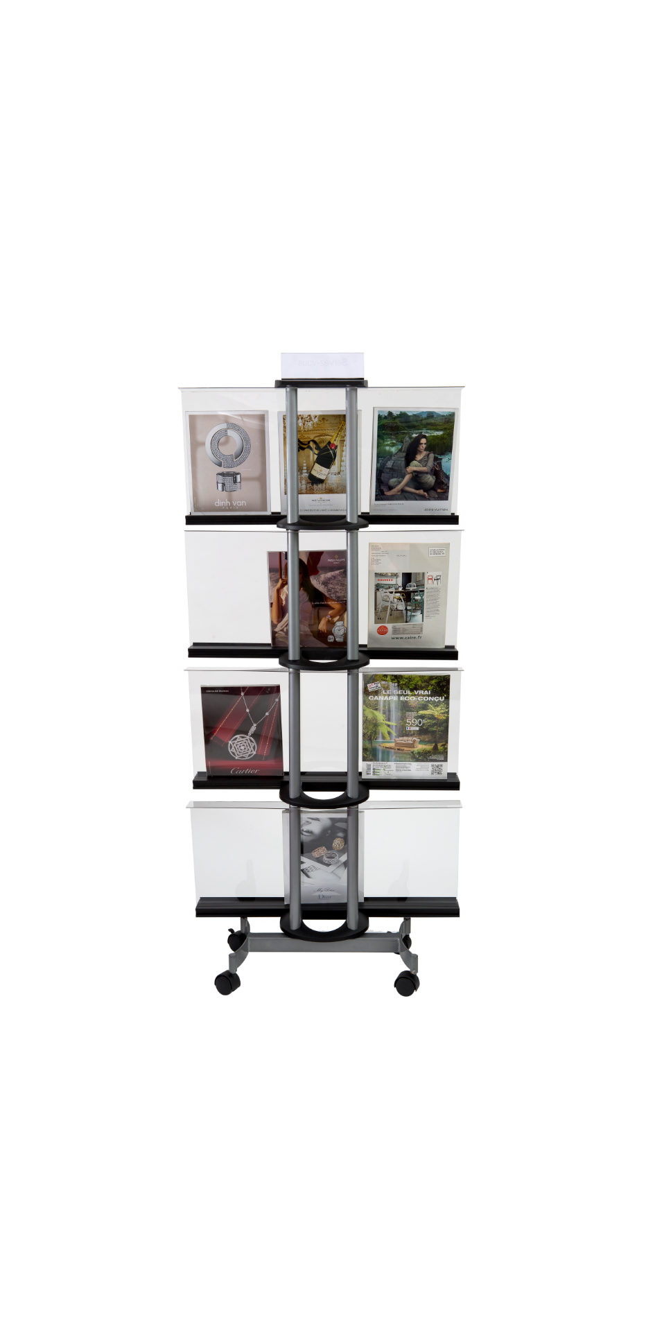 Alba Mobile Magazine Display – Large Transparent 4-Shelf Brochure Rack with Wheels