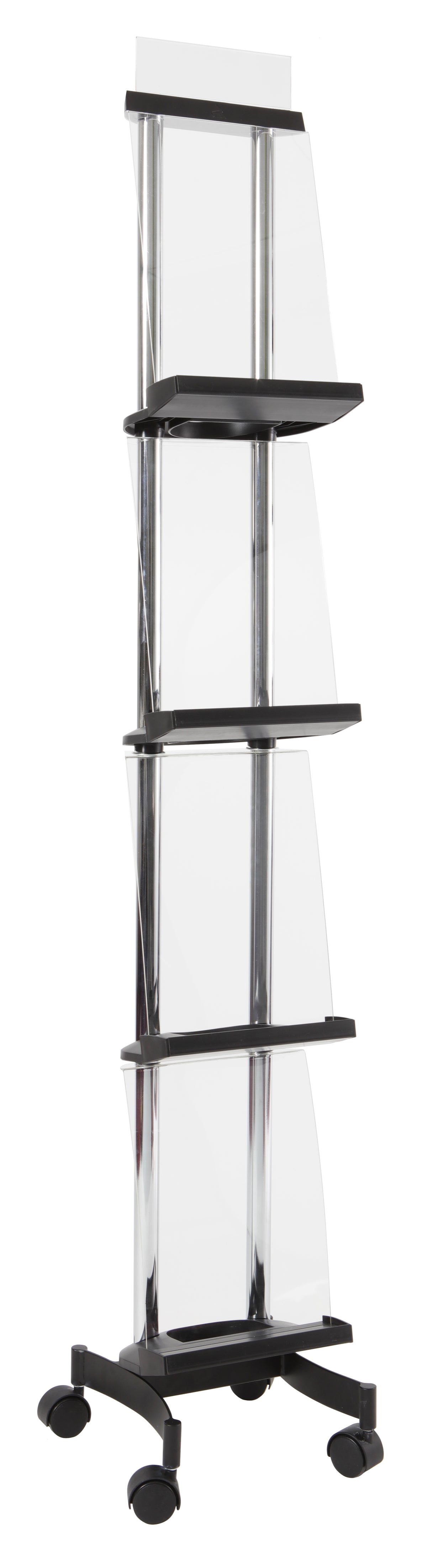 Alba Mobile Magazine Display – Compact Transparent 4-Shelf Brochure Stand with Wheels