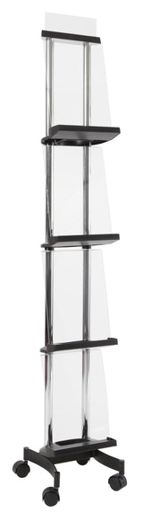 Alba Mobile Magazine Display – Compact Transparent 4-Shelf Brochure Stand with Wheels