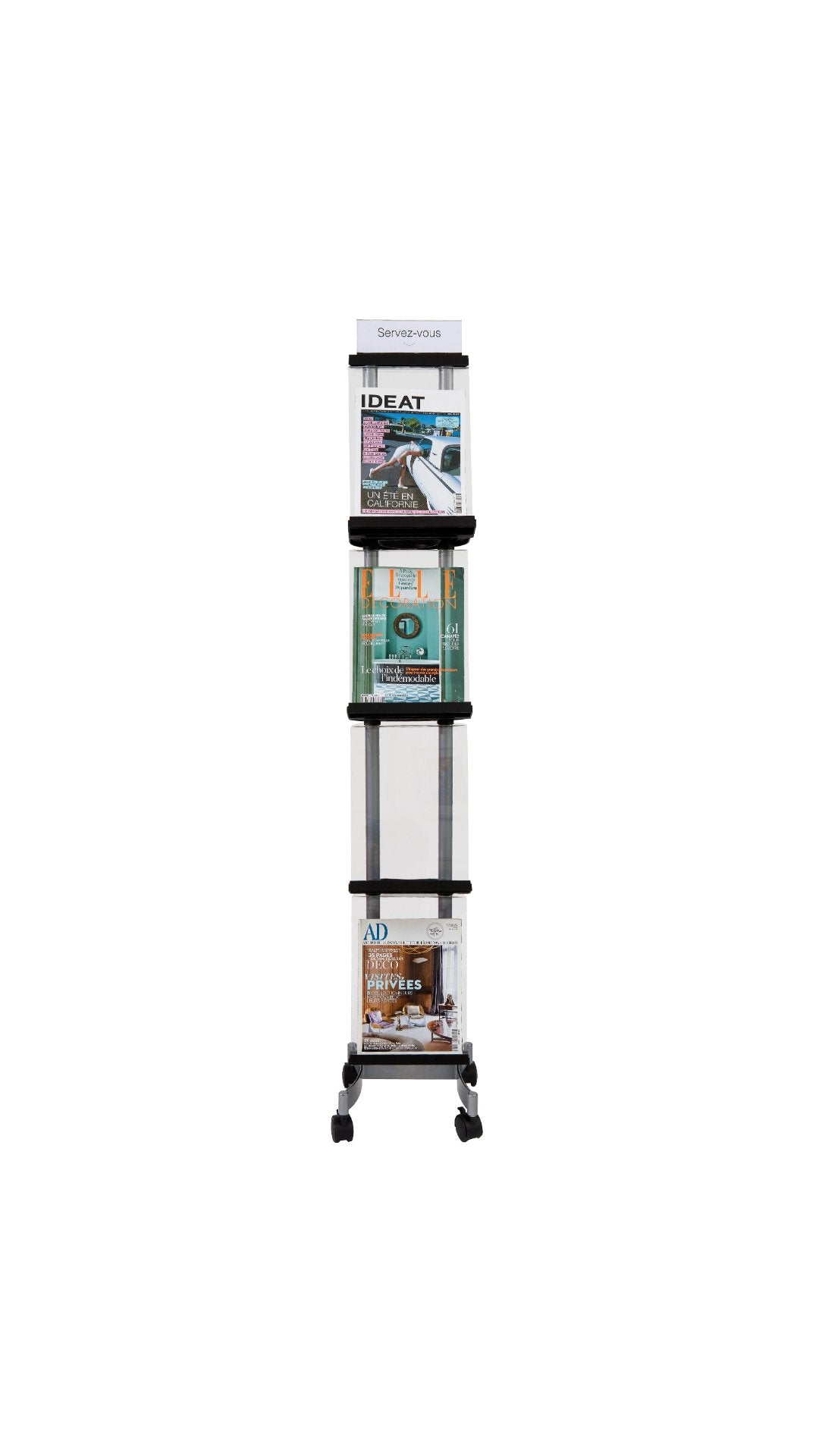 Alba Mobile Magazine Display – Compact Transparent 4-Shelf Brochure Stand with Wheels