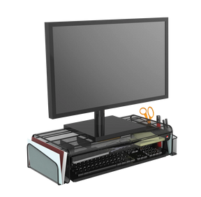 Alba black mesh monitor stand and office desk organizer with keyboard tray and storage compartments