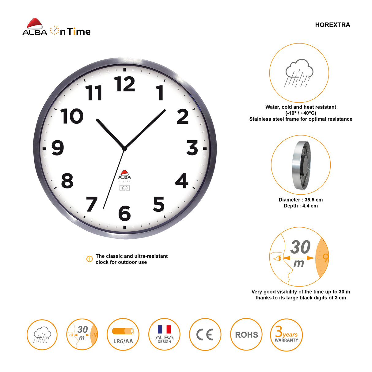 Alba Extra Inoxydable Outdoor Clock 35.5 Cm Silver Grey