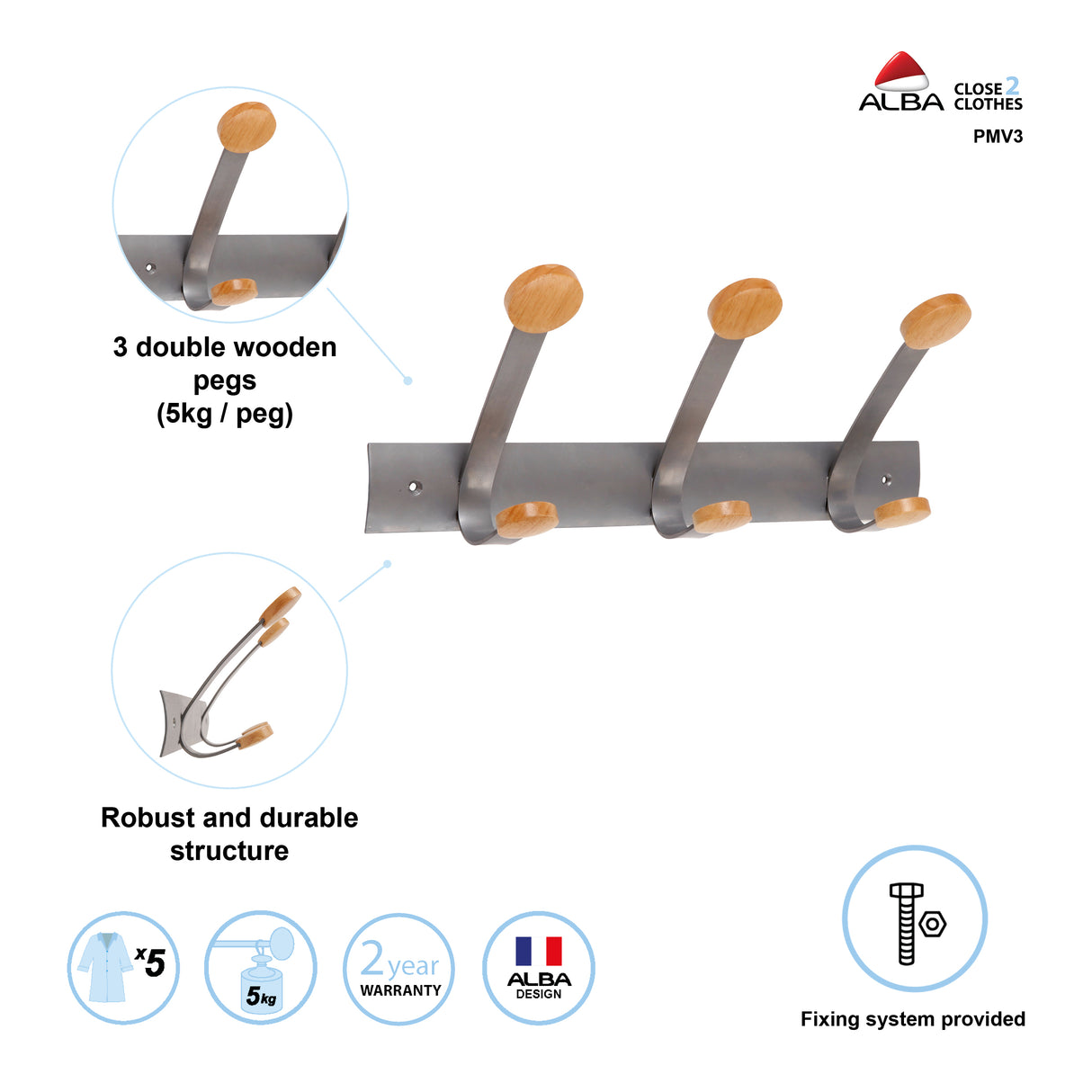 Alba PMV3 Wall-Mounted Coat Rack with 3 Wooden Pegs – Metal & Wood Design, Durable Organization