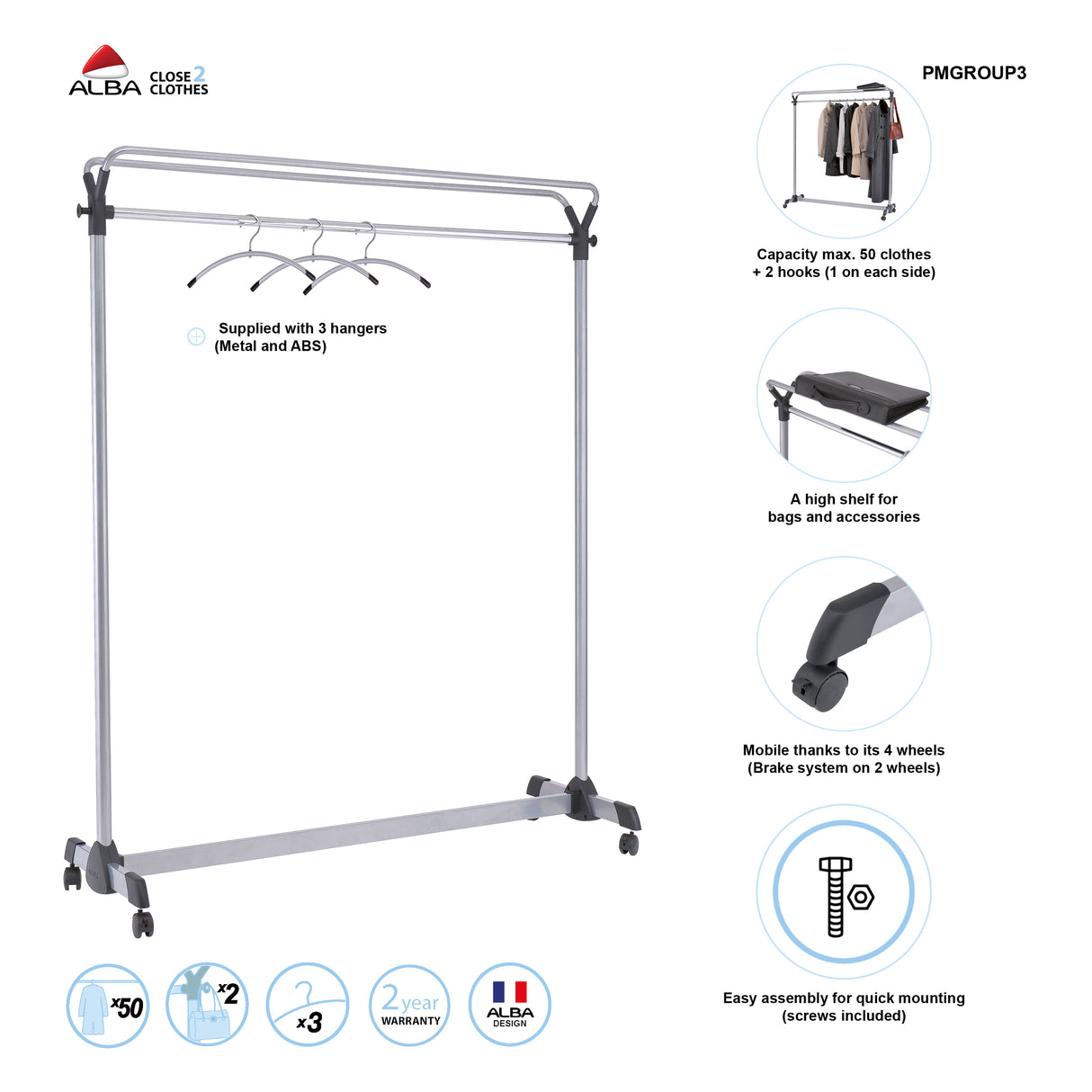 Alba Pro Mobile Garment Rack with 3 Hangers