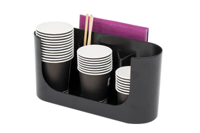 Alba 3-compartment black organizer with coffee cups, stirrers, and purple napkins.