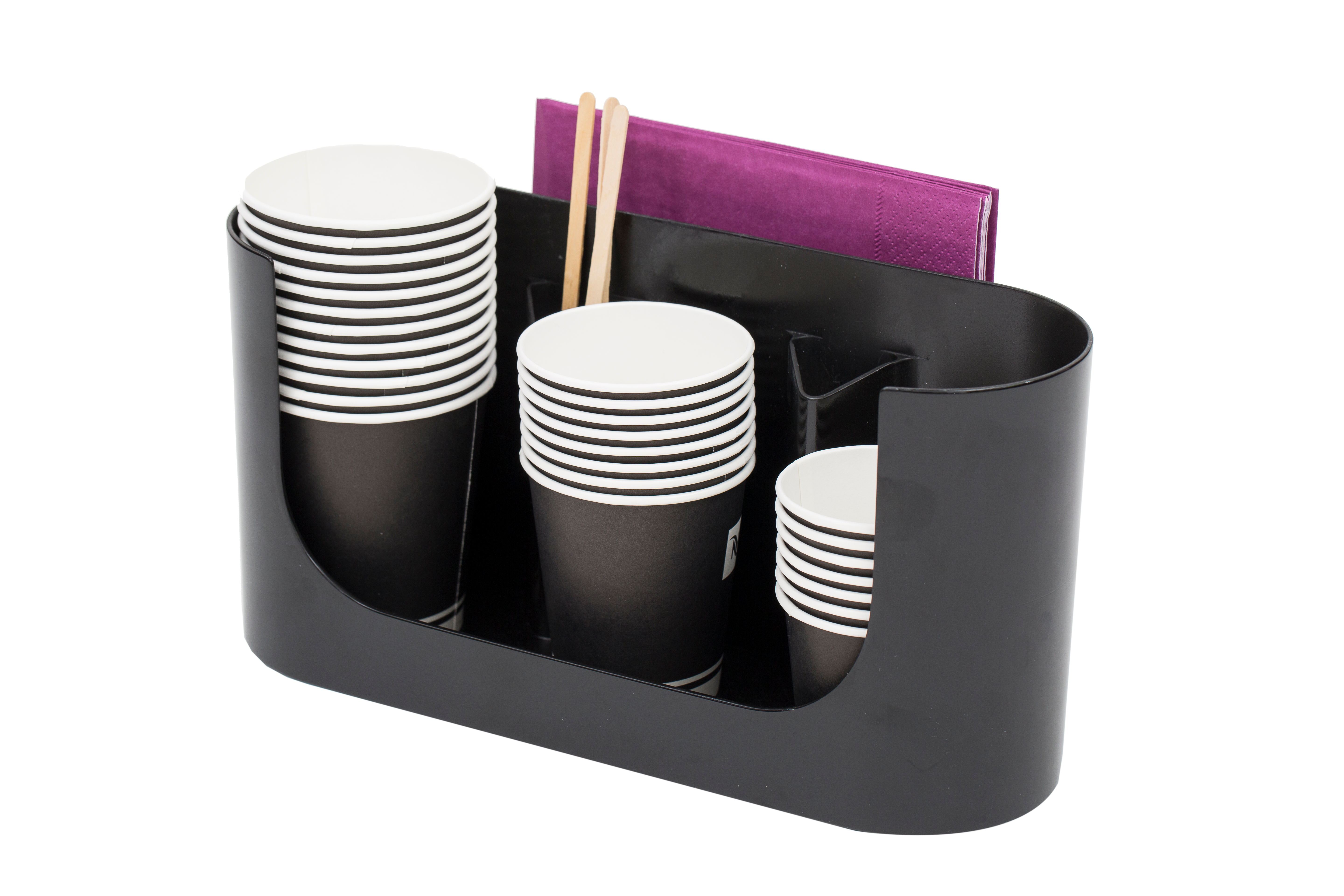 Black cup organizer holding stacked paper cups, stirrers, and purple napkins