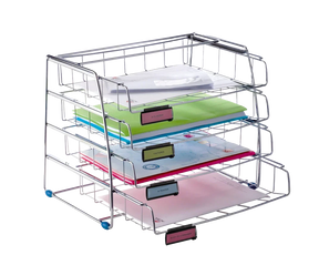 Alba Side Load 4 Drawer Letter Tray Organizer in chrome wire finish with labeled files