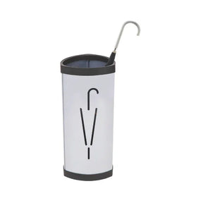 White Alba Tria oval umbrella stand with black trim and an umbrella handle sticking out