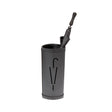 Black oval metal umbrella stand with cutout design, holding a closed black umbrella