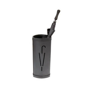 Alba Tria black oval umbrella stand holding a folded black umbrella