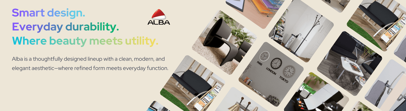 Collage of ALBA products with text highlighting smart design and durability.