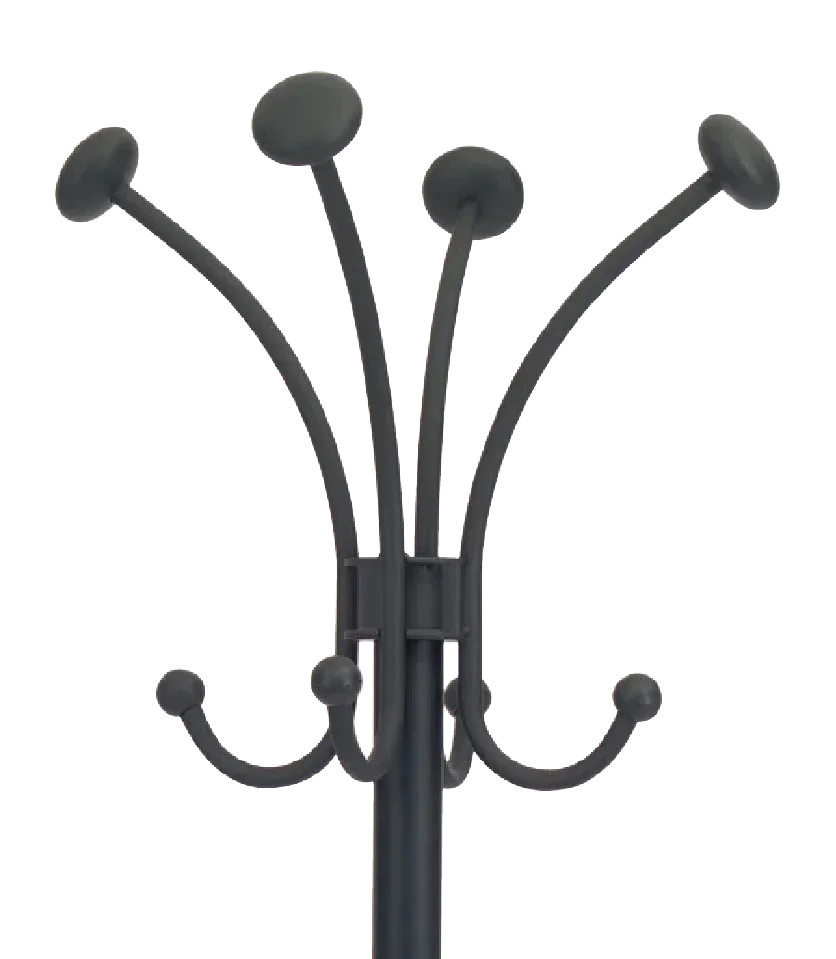 Black metal coat rack with curved hooks for office or home organization