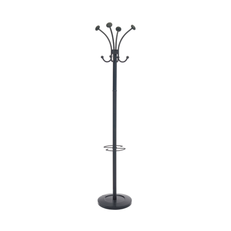 Black freestanding coat rack with 8 pegs and umbrella holder, modern office organizer
