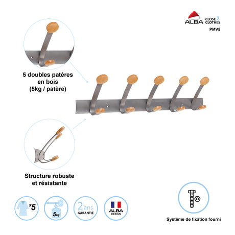 Alba Wall Mounted Double Peg Rail with 10 Pegs