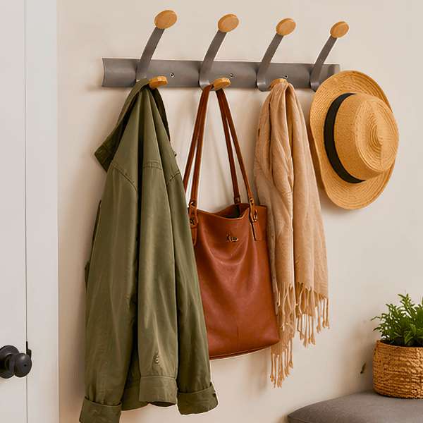 A wall-mounted five-cock hook rack in a warm gray finish with light wood tips, shown holding an olive green jacket, a brown leather tote bag, a beige scarf, and a straw hat, with a white door and small plant visible in a real interior setting.