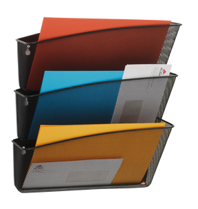 Alba wall mounted file pocket organizer with three black mesh compartments holding colorful folders.