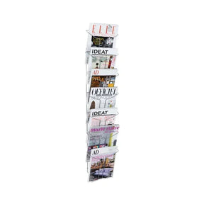 Alba wall mounted literature display with 7 clear acrylic compartments holding magazines