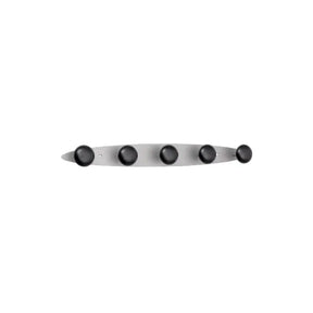 Alba wall-mounted coat rack with five black plastic peg hooks on a silver rail.