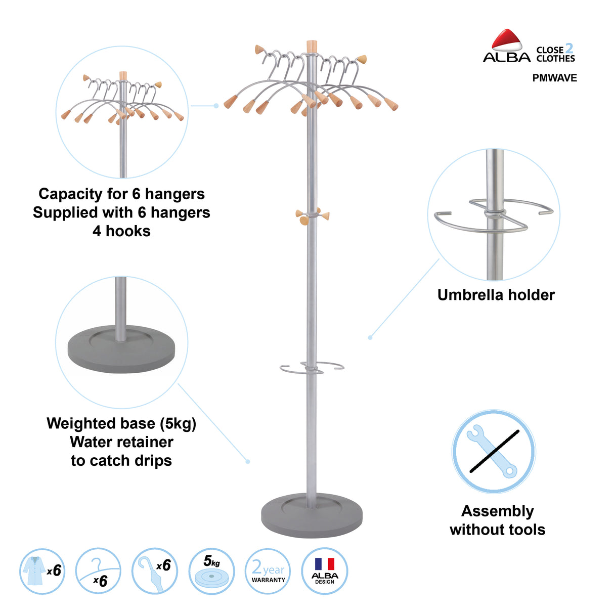 Alba Wave Freestanding Coat Stand with 6 Hangers