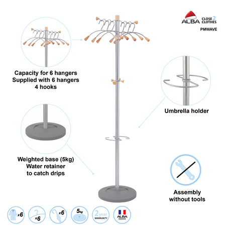Alba Wave Freestanding Coat Stand with 6 Hangers