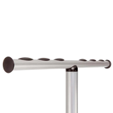Modern silver coat stand and garment rack with horizontal rail and black end caps
