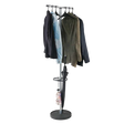 Metal coat stand and garment rack with hangers, jackets, umbrella, and accessories