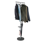 Metal coat stand and garment rack with hangers, jackets, umbrella, and accessories