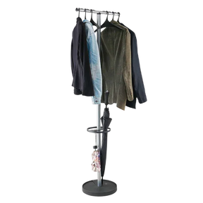 Alba coat stand and garment rack with hangers, holding coats and an umbrella.