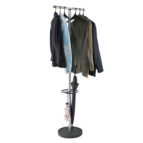 Metal coat stand and garment rack with hangers, jackets, umbrella, and accessories
