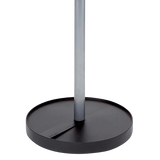 Close-up of a modern coat stand base with a round black platform and silver pole