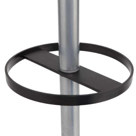 Close-up of metal coat stand base with round support ring and central pole