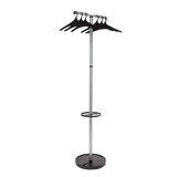 Modern metal coat stand and garment rack with black hangers and round base