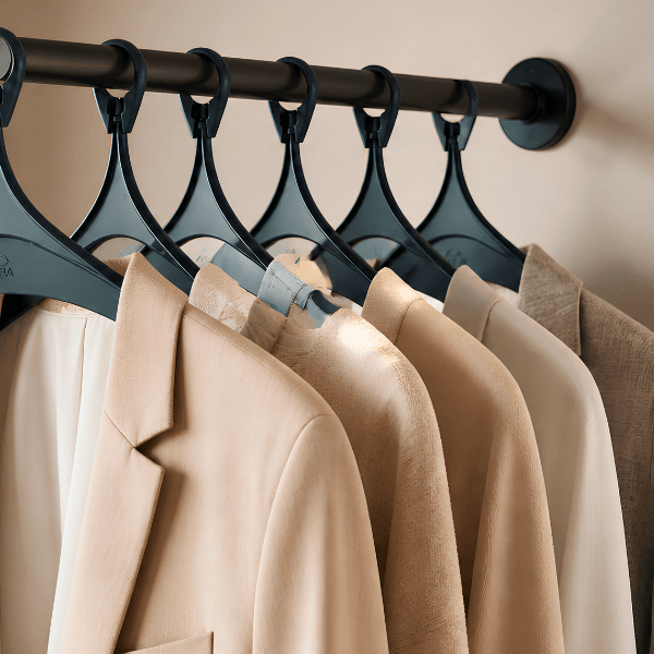 A close-up of a black metal clothing rod with multiple dark hangers holding several light beige and cream blazers against a warm beige wall.