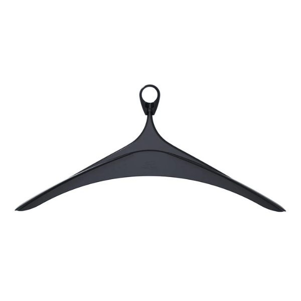 Silver grey plastic clothes hanger with wide shoulders and rounded hook on white background