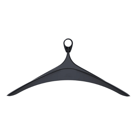 Silver grey plastic clothes hanger with wide shoulders and rounded hook on white background